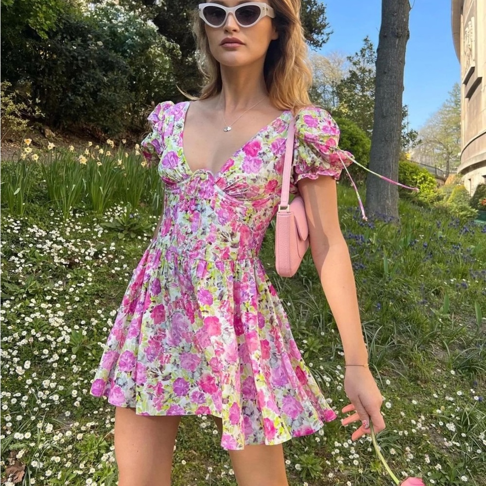 For Love & Lemons Paulina Puff Sleeve Mini Dress in Pink